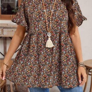 Emery Rose Curve Shein Plus 1X Peplum Top Ruffle Sleeve Fall Floral Blouse